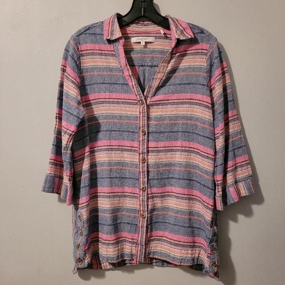 Foxcroft NYC Striped V-neck Button-Up shirt Women's size 10 boho Linen Viscose - Picture 3 of 12